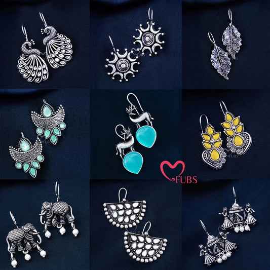 Premium Jaipuri Oxidized Set Of 9 Earrings in Elite Wooden Box